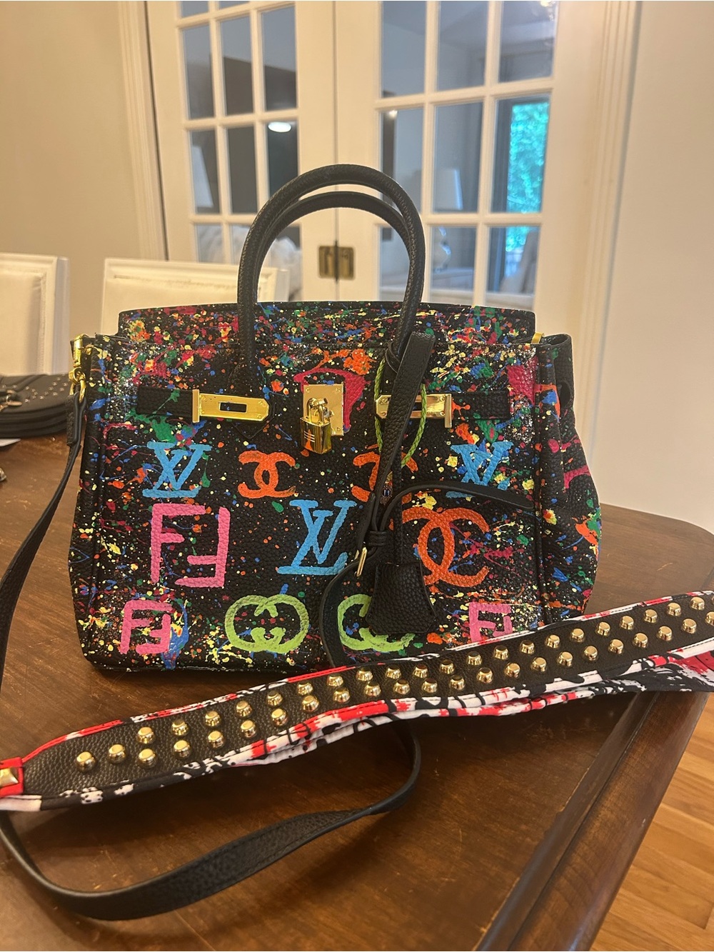 Designer-Inspired Black Multicolor Logo Satchel - Picture 3 of 3